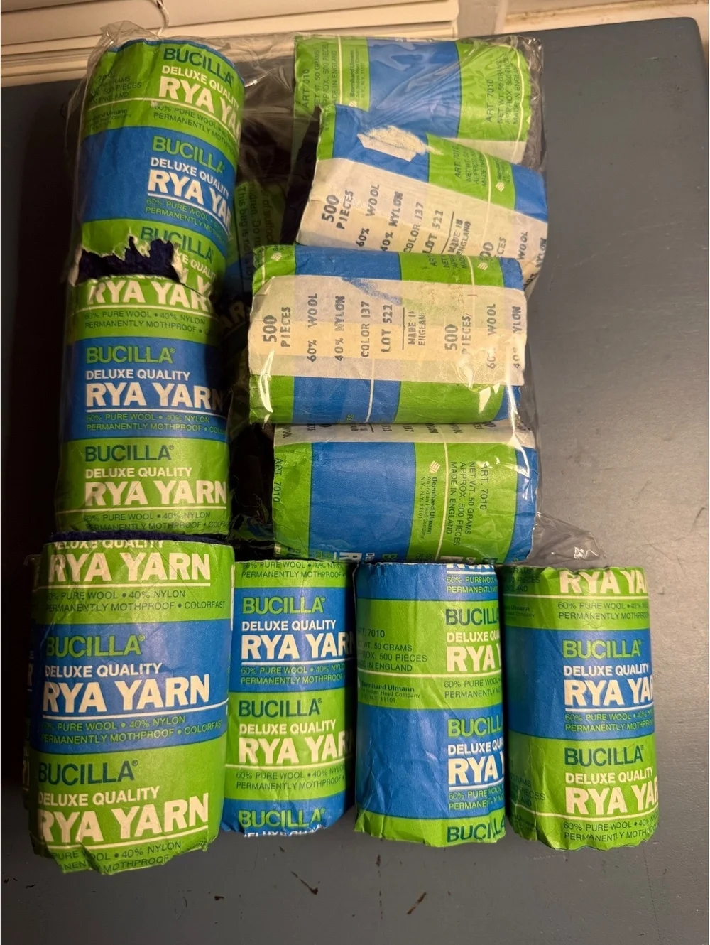 Bucilla Deluxe Quality Latch Hook Rya Yarn Blue Lot of 12 plus 60% Wool 40% Nylo